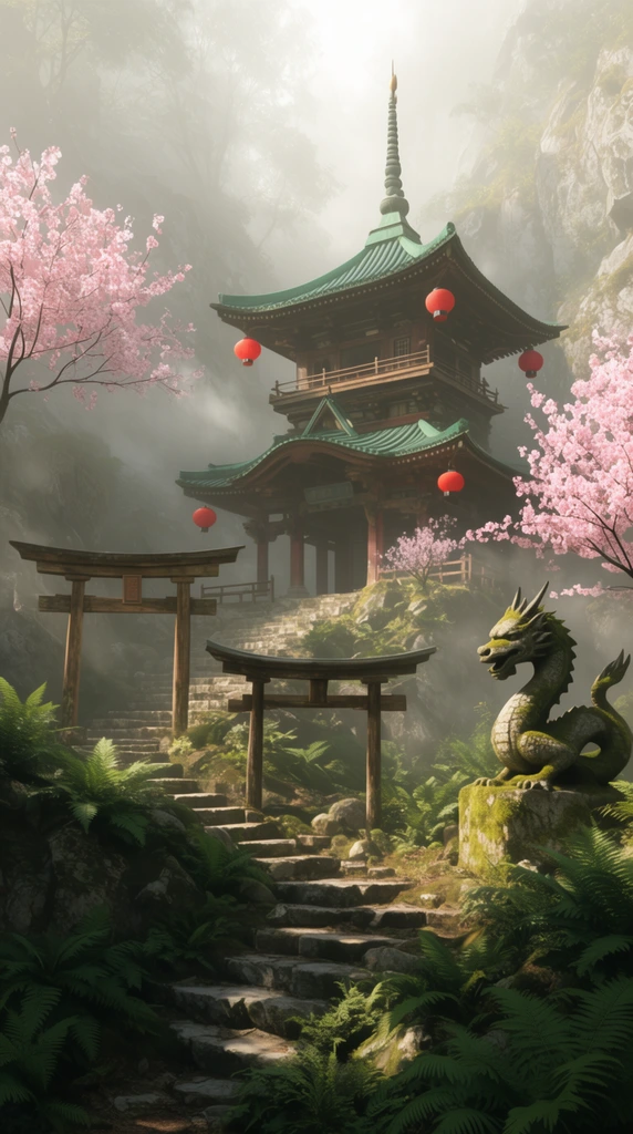 A multi-tiered Japanese temple with green roofs and red lanterns sits in a misty mountain forest. Stone stairs wind past wooden torii gates, a mossy stone dragon statue, and pink cherry blossoms. Soft sunlight filters through thick fog onto lush ferns and rocky terrain in this detailed cinematic 3D render.