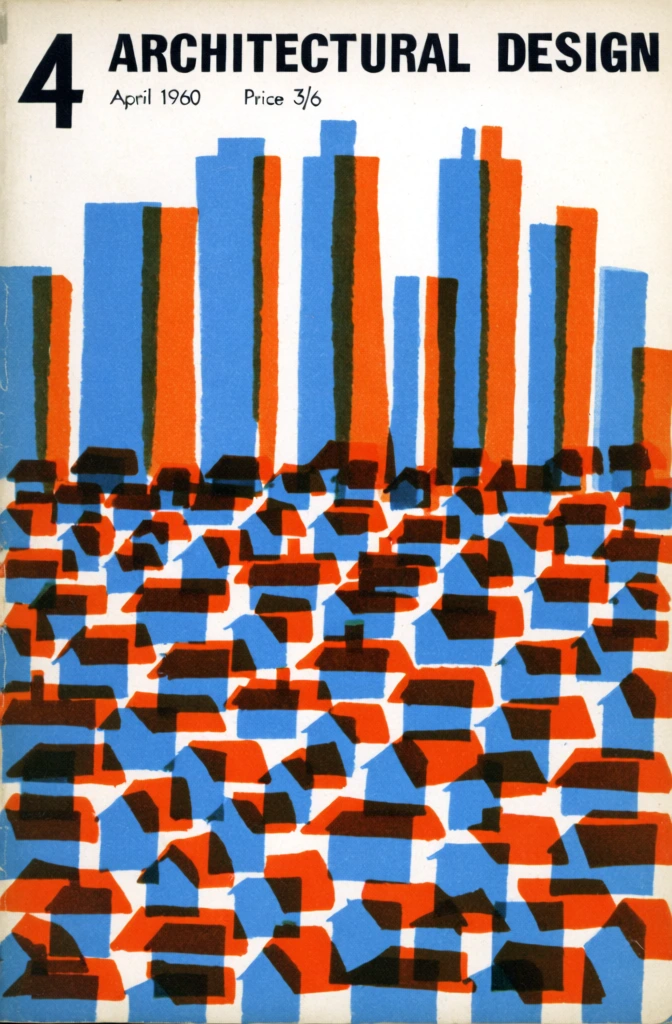 An abstract graphic illustration serves as the cover for the April 1960 issue of Architectural Design magazine, depicting a stylized urban landscape. The composition is divided into two main sections: a series of tall, vertical rectangular blocks representing skyscrapers at the top, and a dense, mosaic-like field of smaller house shapes filling the lower two-thirds. These geometric elements are rendered in a limited but vibrant palette of bright blue and orange, with dark brown appearing where these two colors overlap. The skyscrapers vary in height and width, creating a jagged skyline against a plain white background at the very top. Below them, the smaller building shapes are clustered together in a repetitive but irregular pattern, suggesting a sprawling residential area. In the top left corner, a large black number "4" is positioned next to the word "ARCHITECTURAL" in bold, black, sans-serif capital letters, which continues as "DESIGN" in the top right corner. Beneath the main title, "April 1960" and "Price 3/6" are printed in a smaller black font. The overall style is a mid-century modernist graphic design, utilizing flat shapes and a screen-print aesthetic where translucent color layers interact to create depth and new hues. The background throughout the lower section is white, visible through the gaps between the colorful geometric forms.