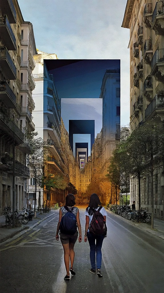 high-angle perspective of two women wearing backpacks walking away down a tree-lined urban street, centered by a colossal geometric portal of receding concentric trapezoidal frames, architectural digital collage style, the portal applies a deep indigo and navy gradient to the upper sky and buildings while casting a saturated warm amber and golden glow over the street level, hard-edged vector masking, photorealistic urban textures, high-contrast tonal shift, surrealist light manipulation.
