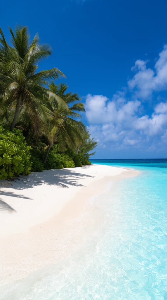 A pristine tropical beach features bright white sand curving into shallow turquoise water. Lush green palm trees and dense shrubs line the left shore, casting sharp dark shadows onto the sand. A vibrant azure sky with scattered fluffy white clouds stretches over the distant deep blue ocean. Captured in bright daylight as wide-angle landscape photography with vivid color contrast.