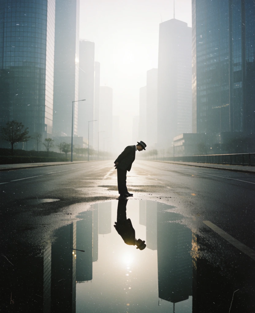 cinematic black and white street photography, a solitary figure in a dark vintage suit and hat leaning over a deep puddle on a wet asphalt metropolitan road, towering monochromatic skyscrapers fading into a thick misty haze, high contrast with an ethereal atmosphere, grainy analog film texture featuring subtle dust and scratches, a crisp vertical reflection shimmering on the pavement, minimal composition with vast negative space, melancholic and poetic mood, low angle, soft luminous lighting.