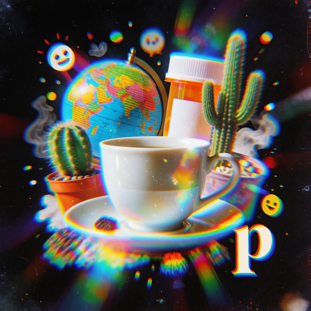 centered cup and saucer, emerging cluster of a potted cactus, small globe, pill bottle, and saguaro, floating smoke, dots, a letter 'p', and face characters, all rendered in a radiant prismatic starburst style with heavy chromatic aberration, intense rainbow halation, ethereal light-leak glow, analog film grain, soft-focus haze, deep black void background, high-contrast diffraction spikes, dreamcore aesthetic, shimmering lo-fi lens flare, luminous spectral blooming.