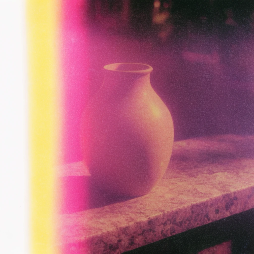 A single vase rests on a textured stone counter, captured with the distinct aesthetic of heavily grained, expired 35mm film. A massive, thick vertical light leak dominates the entire left third of the composition, starting as a blinding white band at the extreme left edge, transitioning into a bright, glowing yellow, and bleeding into an intense, saturated magenta that casts a vivid color wash over the vase and the stone surface. The overall color palette is drenched in warm, hazy purples, deep pinks, and crushed, grainy blacks in the shadows. Thick, coarse film grain coats the entire image, giving the smooth curves of the vase and the rough texture of the stone a soft, mottled, and lo-fi appearance. The hazy, retro lighting creates soft edges, a dreamy atmosphere, and pronounced halation, simulating an analog snapshot with distinct chemical color shifts and photographic artifacts.