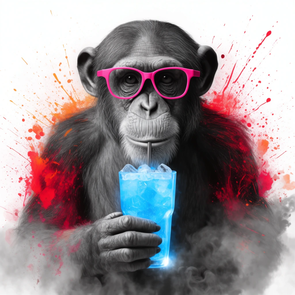 A highly detailed greyscale chimpanzee wearing neon pink eyeglasses grips a glowing electric blue iced drink. The photorealistic primate holds the luminous glass with both hands against a stark white background. Crimson and orange paint splatters explode outward, blending with billowing charcoal smoke at the base to fuse graphite-like fur textures with striking pop-art color accents.