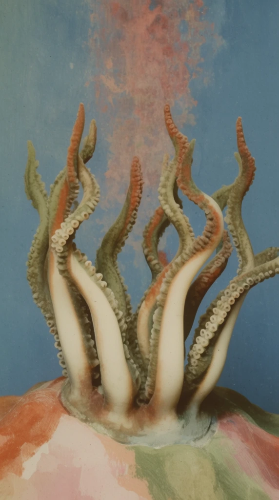 A close-up of a marine organism's sinuous tentacles rendered in a faded, hand-tinted vintage photographic aesthetic against a flat, theatrical backdrop. The thick, twisting appendages stretch upward, featuring smooth, creamy pale undersides and muted olive-green and dusty rust-orange dorsal surfaces. Soft, flat, diffused lighting illuminates the textured suckers and ridges. The organism emerges from a contoured basal mound colored in broad, washed-out strokes of terracotta, pale pink, and muted sage green. Behind the tentacles, a matte, painted background presents a dusty blue expanse marked by a central, vertical mottled smudge of faded rose and rust tones. The image possesses a dry, grainy texture and a surreal, staged diorama atmosphere, unified by a muted, earthy pastel color palette and distinct painterly wash effects.
