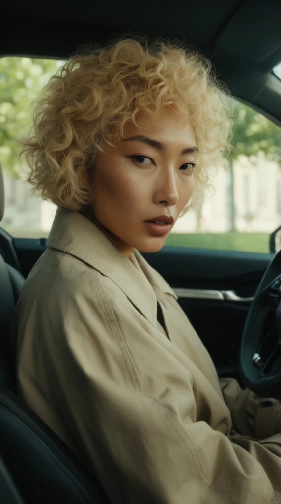 cinematic close-up of an East Asian woman with short curly blonde hair and sharp cheekbones, wearing an oversized beige trench coat, sitting inside the dark leather interior of a car, intense gaze with slightly parted lips, steering wheel visible on the right, window framing a brightly lit blurred outdoor scene of green trees and distant pale architecture, shallow depth of field, soft natural daylight, cinematic color grading