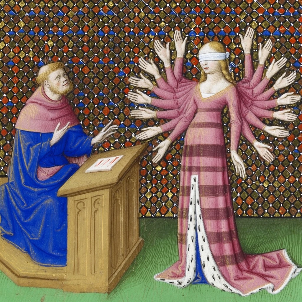A Gothic illuminated manuscript painting features a seated man in a blue robe and pink cowl gesturing from a wooden desk toward a blindfolded woman with a dozen radiating arms. The standing blonde woman wears a horizontally striped pink dress with ermine lining, her many hands reaching outward in varied directions. A flat green foreground contrasts against a geometric diamond-patterned background of gold, blue, and red. The artwork employs vibrant pigments, stylized human proportions, and a flat two-dimensional perspective.