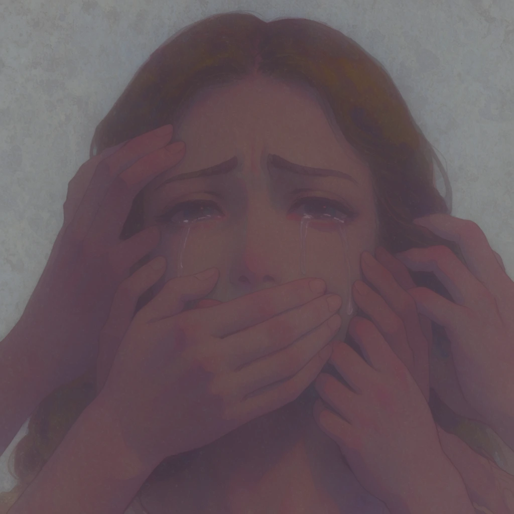A crying woman's face is surrounded and firmly grabbed by multiple hands, with one hand pressed flat across her mouth. Tears trace down her cheeks as the surrounding fingers press into her skin. The scene is rendered in an underexposed, faded vintage aesthetic, characterized by a highly muted color palette of dusty pinks, subdued purples, and deep ochre tones. The lighting is exceptionally soft and diffused, creating a low-contrast, flat matte finish with minimal, faint shadows. The subjects are positioned against a cool, light gray background that features a subtle, mottled, parchment-like texture. The overall visual treatment mimics a faded, antiqued illustration or a weathered traditional watercolor wash, characterized by its soft edges and a delicate, dusty atmospheric quality.