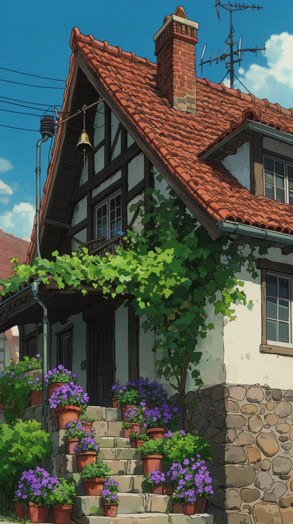A multi-story house with a steep terracotta tile roof stands under a bright blue sky in a highly detailed, cel-shaded animation style. The structure combines white stucco, dark wooden half-timber framing, and a rustic stone foundation on the right. A sprawling green vine climbs across the facade, shading a porch overhang. Stone steps are densely lined with terracotta pots overflowing with purple flowers and lush foliage. Crisp ink outlines define architectural nuances, including a brick chimney, roof gables, a hanging bell, utility wires, and rooftop antennas. Smooth flat color fills and precise, luminous lighting evoke a serene summer afternoon.