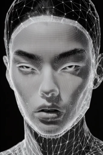 Monochrome Cybernetic Deconstruction style reference image — digital glitch art