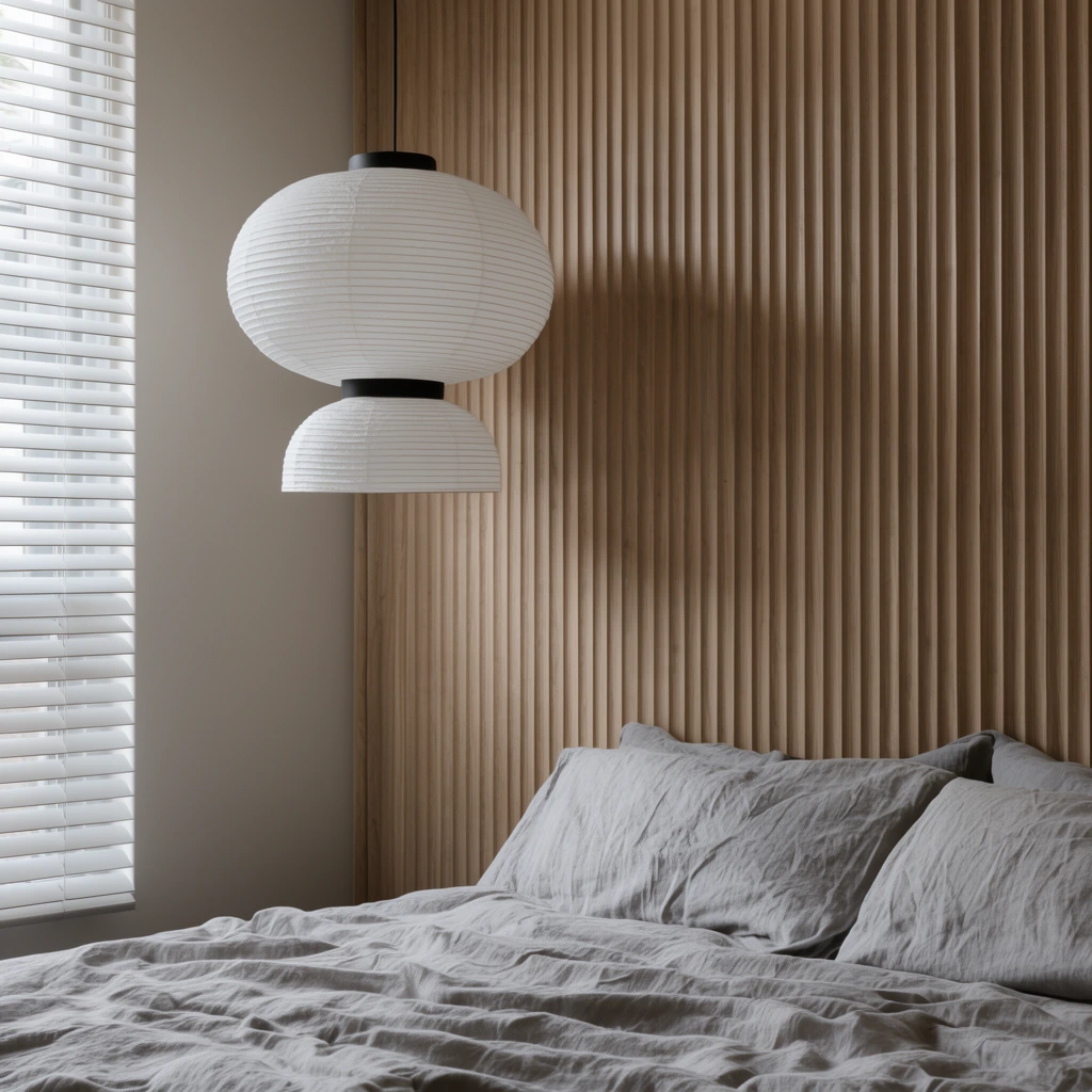 tiered white paper lantern pendant, minimalist bedroom interior, wrinkled grey linen bedding, fluted vertical wood paneled wall, window with horizontal blinds, soft natural lighting