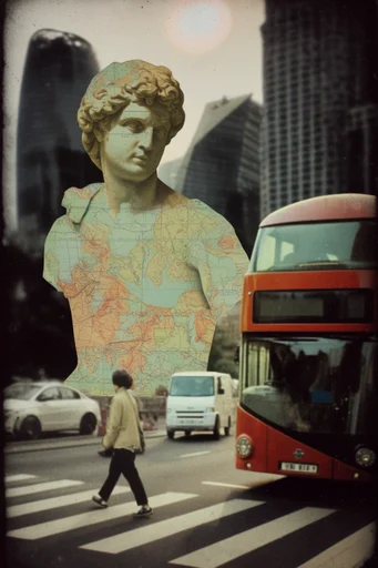 Antiquarian Surrealist Collage style reference image — paper cutout effect