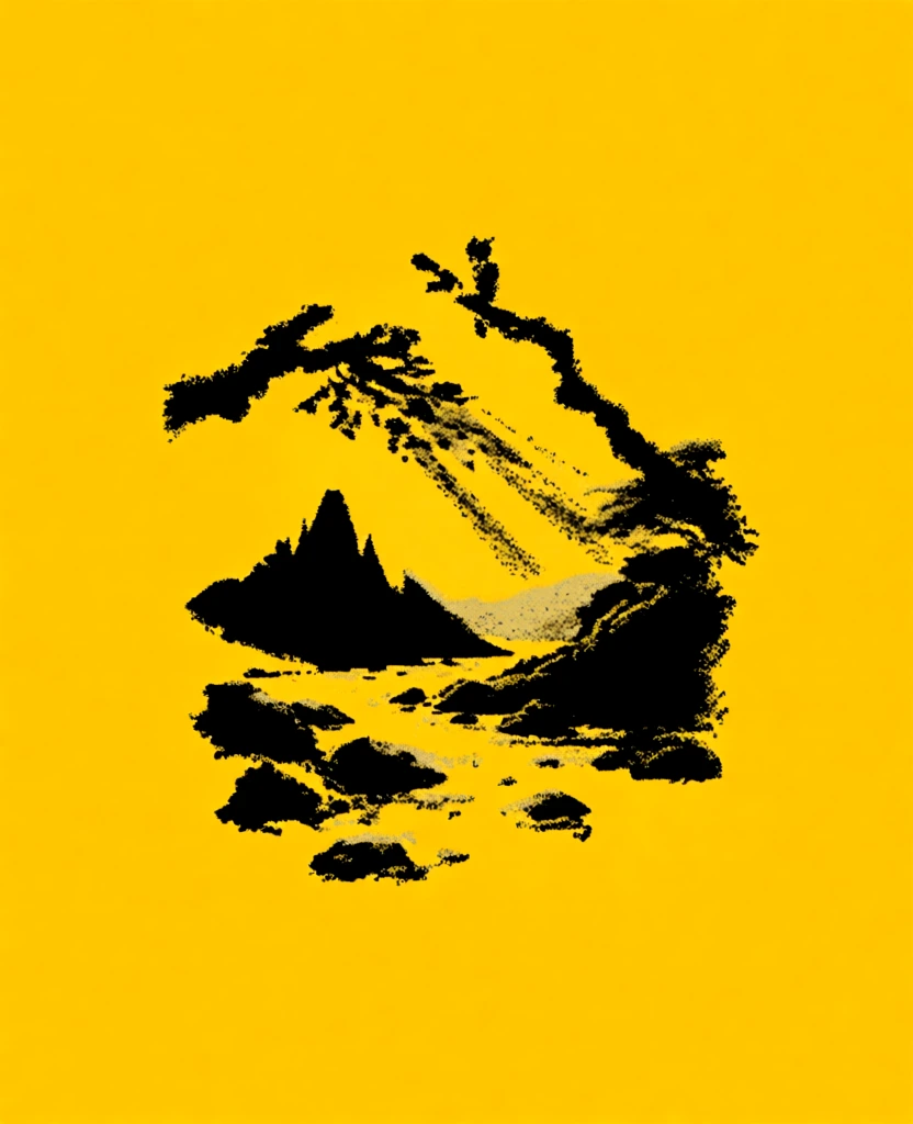 high-contrast duotone landscape in saturated mustard yellow and stark black, arching tree silhouettes framing the top foreground, volumetric sunbeams cutting across a central river winding through jagged rocks and sharp mountain peaks, rendered in a raw 1-bit dithered aesthetic with heavy stochastic grain, gritty xerox-style stippling, high-threshold bitmap texture, and a lo-fi analog print quality that eliminates all mid-tones in favor of dense stippled noise.