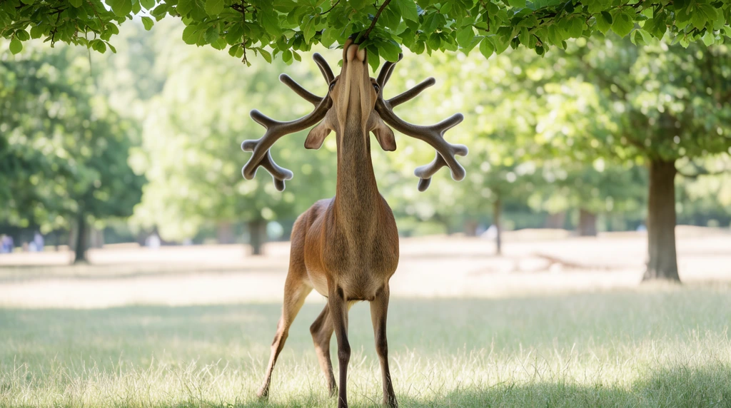 A large brown stag with prominent velvet-covered antlers stretches its neck upward to graze on vibrant green leaves from a low-hanging tree branch. The deer stands centrally in a grassy park illuminated by bright natural sunlight. A shallow depth of field softly blurs the background trees and sunlit field, isolating the sharply focused animal. The low-angle perspective emphasizes the imposing silhouette of the wildlife.