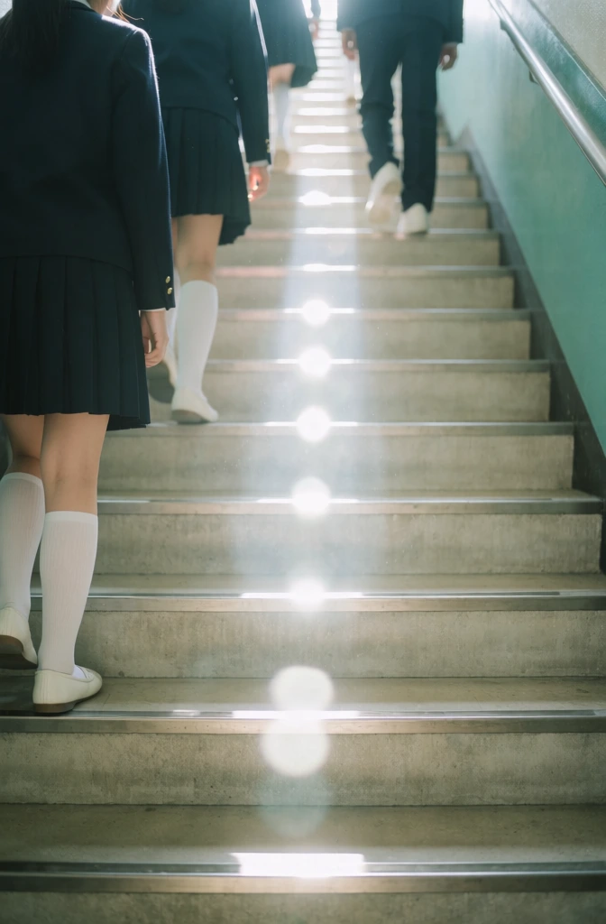 Students in school uniforms ascend a concrete staircase bathed in a powerful beam of light. In the foreground on the left, a student stands on a step wearing a dark navy pleated skirt, a matching long-sleeved jacket, white knee-high socks, and white flat shoes. Above them, other students climb higher, including one in a similar dark skirt and white socks and another further up in dark trousers and white sneakers. The stairs are constructed of light gray concrete with metallic anti-slip strips running along the edge of each tread. A brilliant light source from above creates a series of bright white circular flares that cascade down the center of the stairwell, casting a hazy glow over the middle of the steps and obscuring some details. To the right, a solid teal-green wall borders the stairs. The low-angle perspective looks upward from behind the students, capturing a soft, cinematic aesthetic with a muted color palette and heavy natural lighting that softens the focus of the background elements.