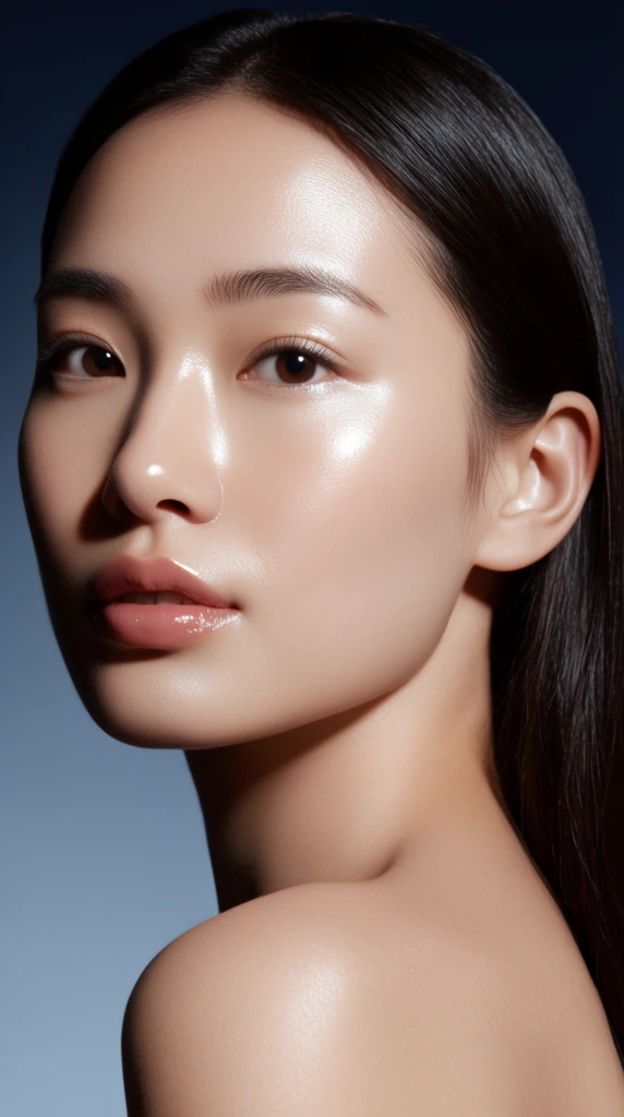 close-up portrait of a young East Asian woman, glowing flawless glass skin, luminous complexion, glossy nude-pink lips, dark brown eyes looking directly at camera, straight dark hair tucked behind ear, looking over bare shoulder, soft directional studio lighting, radiant highlights on cheekbones and nose bridge, deep shadows on right side of face, smooth gradient background transitioning from slate blue to dark navy, high-end skincare advertising photography
