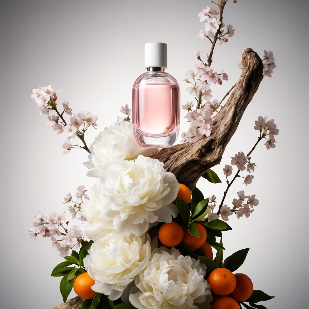 A glass perfume bottle with a white cap and pale pink liquid sits atop a vertical floral arrangement. A textured driftwood branch anchors lush white peonies, delicate cherry blossoms, and small orange citrus fruits with green leaves. Soft studio lighting creates a warm glow against a seamless light gray background with a subtle vignette. High-end still life photography with an elegant, organic composition.