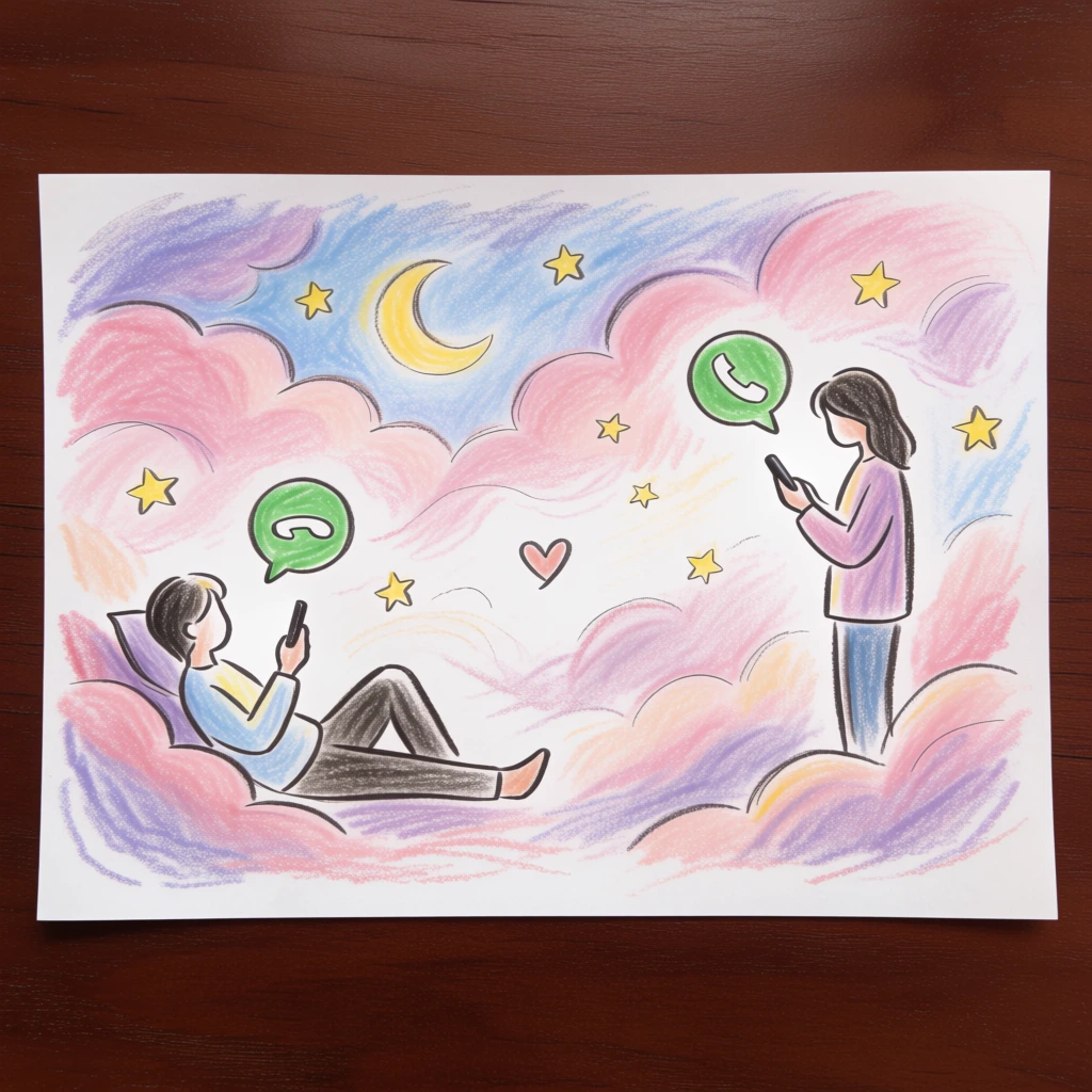 hand drawn album art. Two people very far away from one another on a FaceTime call. Pink and purple tones