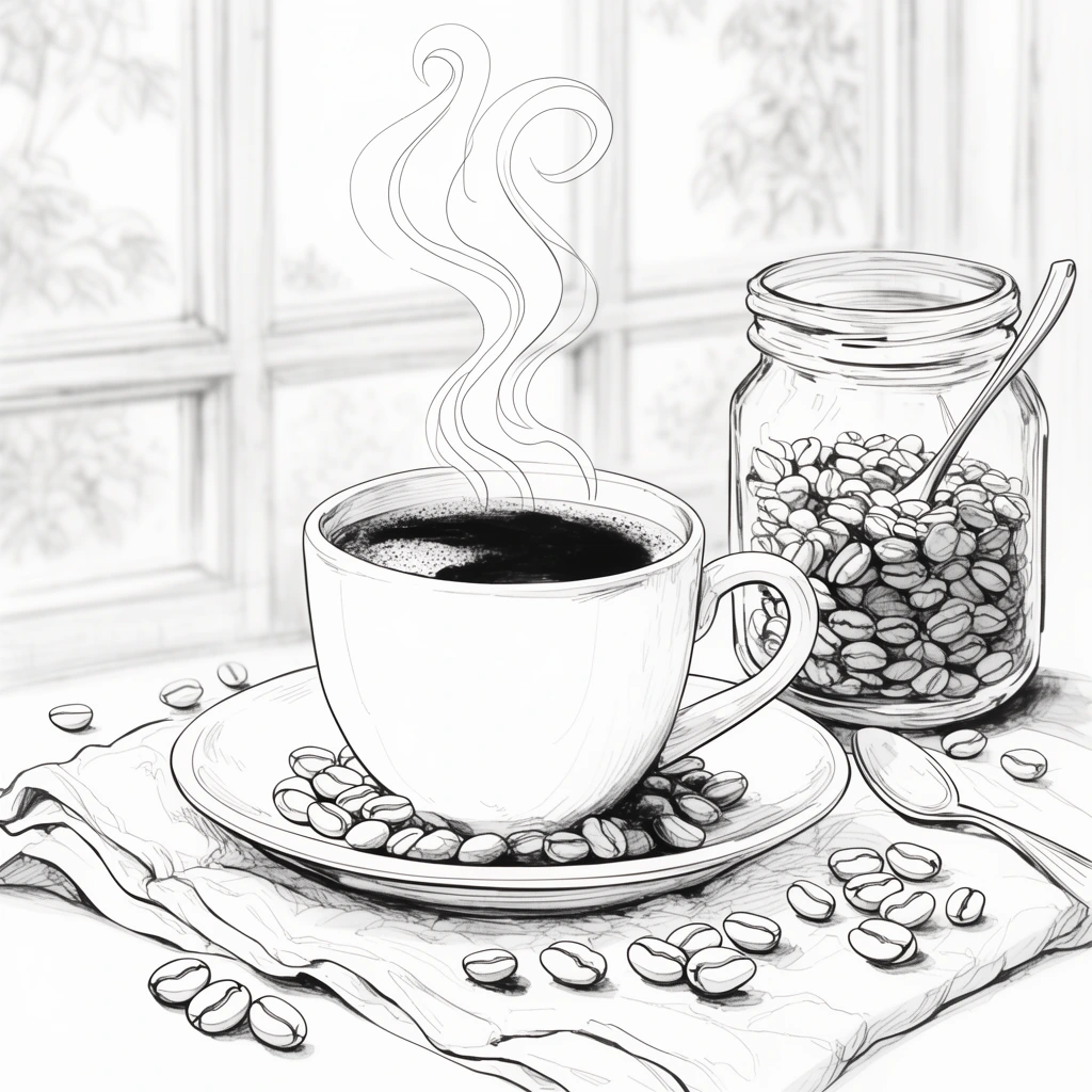 Crisp black and white line drawing of a steaming coffee cup on a saucer resting on a draped cloth, surrounded by scattered coffee beans. A glass jar filled with beans and a spoon sits nearby. Elegant stylized steam rises toward a softly sketched window showing faint foliage, featuring clean ink outlines and delicate shading.