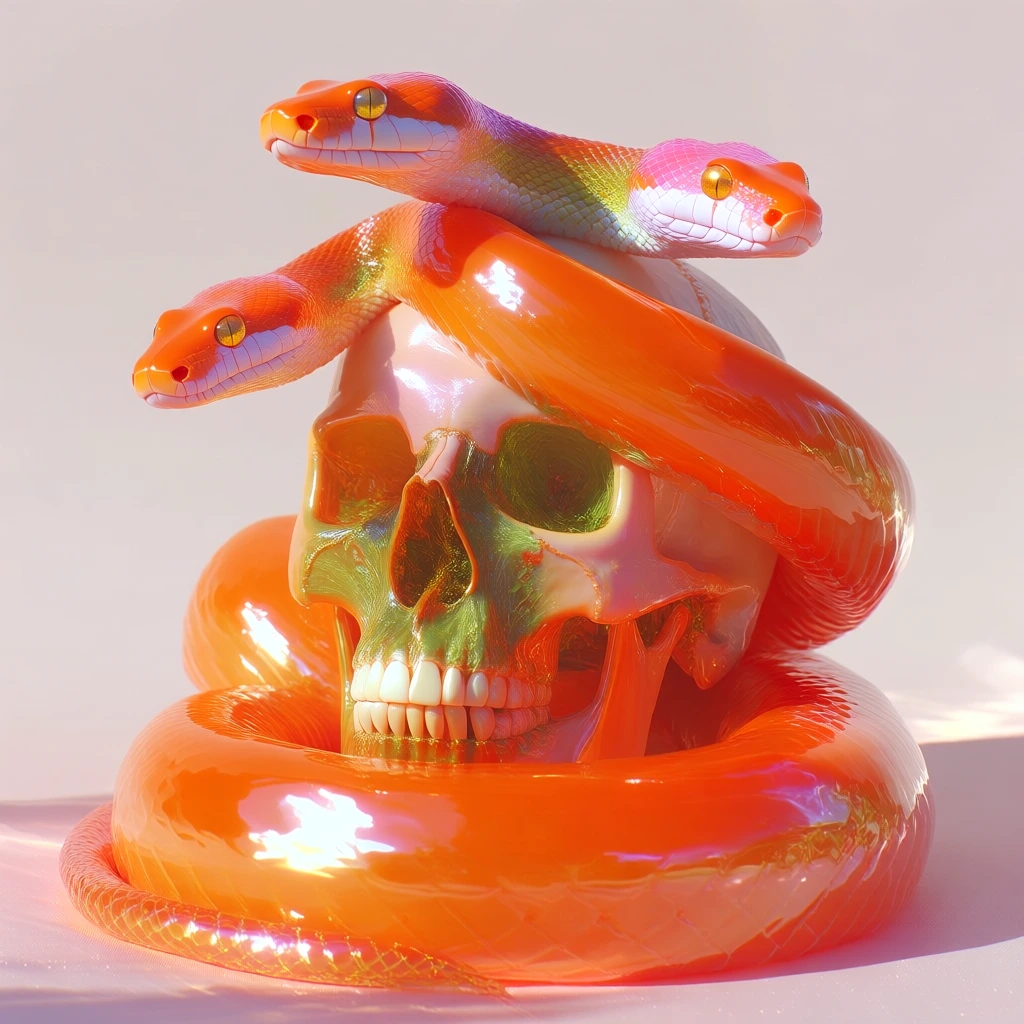 a high-gloss international orange three-headed snake coiled around a matte bone-white human skull, high-key studio lighting with soft diffused shadows, minimalist pale pink background, surrealist fashion editorial aesthetic, hyper-realistic textures contrasting ultra-shiny pvc-like scales with dry organic bone, vibrant saturated monochrome versus soft pastels, sharp focus, centered vertical composition, contemporary brand imagery style, clean commercial finish.