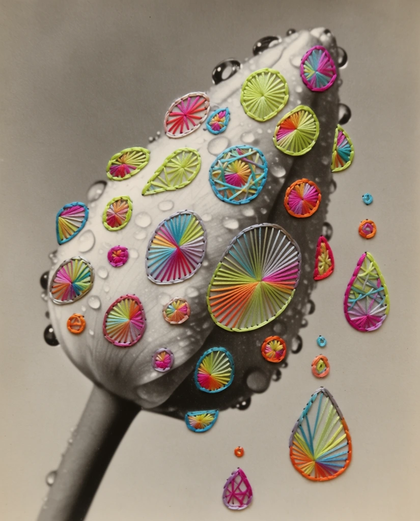 A mixed-media composition featuring a vintage, warm-grayscale photograph of a downward-angled flower bud covered in numerous water droplets, with additional droplets falling around it against a plain, soft gray background. The base botanical image exhibits soft focus, delicate film grain, and flat, diffused lighting characteristic of mid-century archival prints. Intricate, tactile thread embroidery is stitched directly into the matte photographic paper, physically defining the varying shapes and sizes of the water droplets. These embroidered elements consist of tightly pulled, vibrant multi-colored threads in high-contrast gradients of chartreuse, magenta, cyan, and tangerine, creating precise, spirograph-like geometric patterns, intersecting radial lines, and dense starbursts. The outer boundaries of the embroidered droplets are contained by thick, raised stitched borders. The physical threads possess a subtle sheen and cast miniature, crisp drop shadows onto the monochromatic photographic surface beneath, establishing a profound visual contrast between the flat, muted botanical base and the vivid, three-dimensional geometric textile intervention.