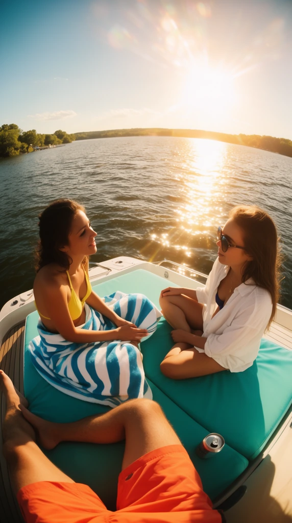 wide-angle golden hour photography of friends relaxing on a boat deck, two women conversing on a vibrant teal sunbed, one wearing a yellow bikini top and striped towel, the other in an open white shirt and sunglasses, foreground legs of a man in orange swim trunks, silver beverage can, expansive rippling lake, distant green shoreline, bright setting sun creating intense lens flare and glittering water reflections, high contrast warm lighting, slight fisheye distortion, vivid summer colors
