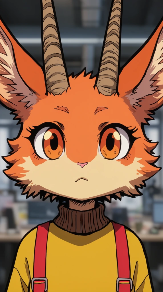 Anthropomorphic creature portrait with orange fur, large ears, straight spiraled horns, and large orange eyes. It wears a yellow top with red straps and a brown ribbed collar. Rendered in a crisp 2D cel-shaded anime style with thick black outlines against a heavily blurred interior office background.