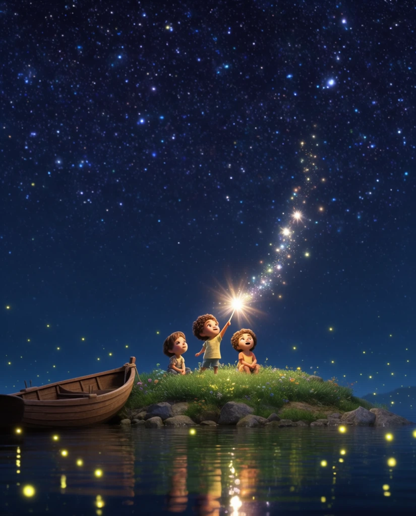 three small children on a tiny grassy island in calm dark water, one child pointing a glowing wand upward creating a brilliant starburst and sparkling trail, wooden rowboat moored to the rocky left edge, glowing yellow fireflies floating above the reflective surface, deep blue night sky densely packed with stars, wide cinematic shot, 3D animation style, magical ethereal atmosphere