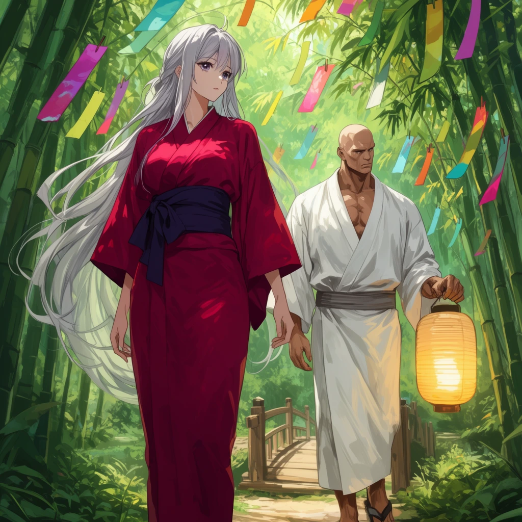 tall woman with flowing silver hair in a crimson yukata, muscular bald man in a white yukata holding a glowing lantern, walking through a lush bamboo forest, colorful paper strips hanging from branches, small wooden bridge, anime illustration style, dappled sunlight, vibrant colors