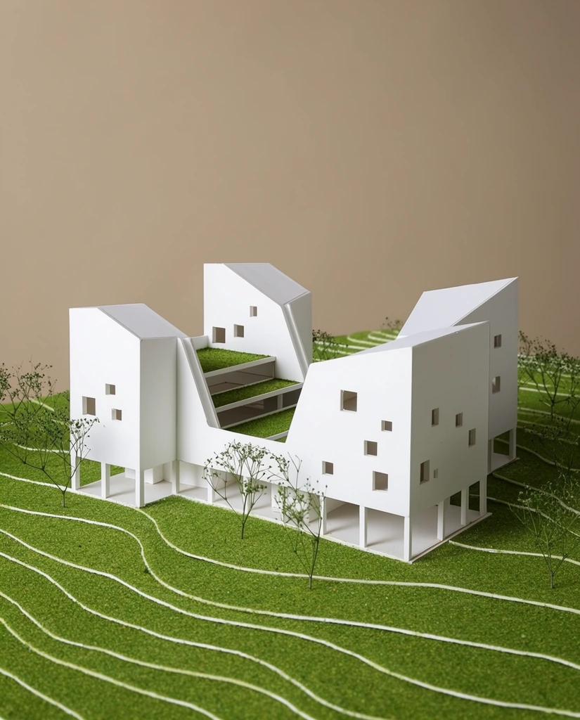 An architectural scale model of a minimalist building complex sits on a contoured green landscape against a solid beige backdrop. The maquette features stark white, angular structures with slanted rooflines, scattered square window cutouts, and open column-supported ground floors. Tiered green terraces connect the interior spaces between the high exterior walls. Delicate miniature trees with spindly trunks dot the vibrant, flocked terrain intersected by curving white topographic lines. Soft studio lighting casts subtle shadows across the geometric facades, emphasizing the precise craftsmanship and striking contrast between the bright white planes and artificial grass.