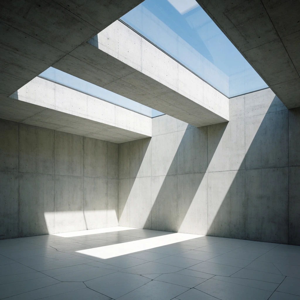 brutalist concrete interior, large rectangular ceiling skylights revealing blue sky, intense directional sunlight casting sharp geometric shadows across smooth grey paneled walls, pale tiled floor with irregular grout lines, empty minimalist architectural space, photorealistic, high contrast, crisp lines