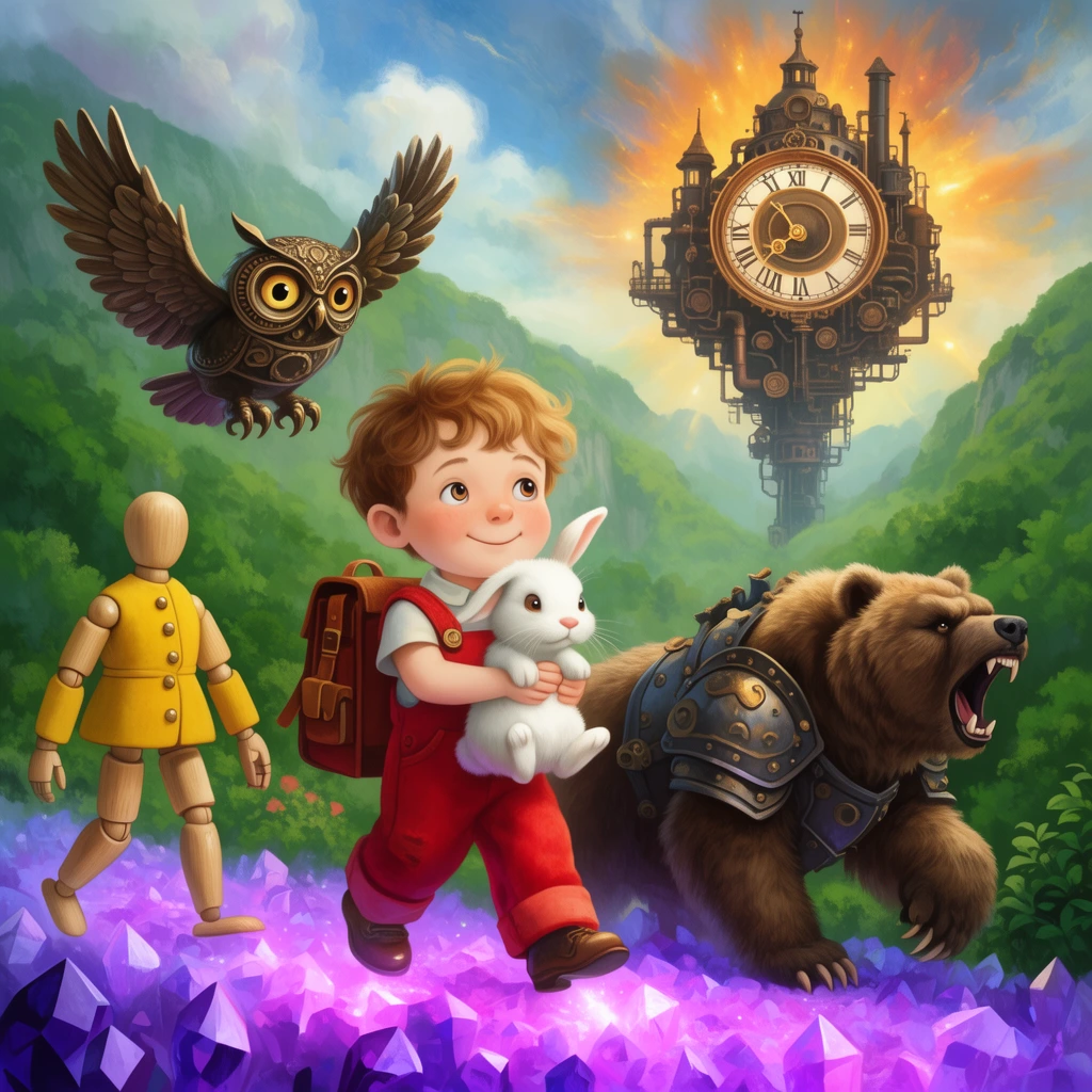 A boy in red overalls holds a white rabbit on a glowing purple crystal path, accompanied by a yellow-coated wooden mannequin, a flying bronze owl, and a roaring armored bear. They traverse a lush green valley toward a floating steampunk clocktower radiating amber light. Whimsical children's book illustration with vibrant colors and soft textures.