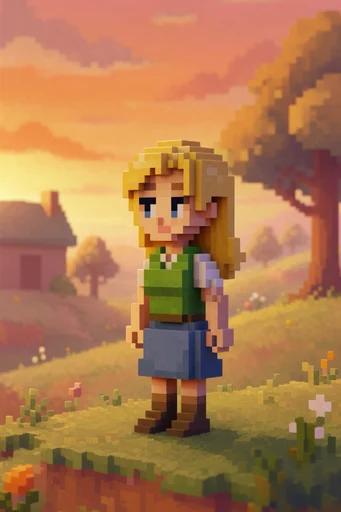 Retro Voxel Sunset style reference image — volumetric lighting