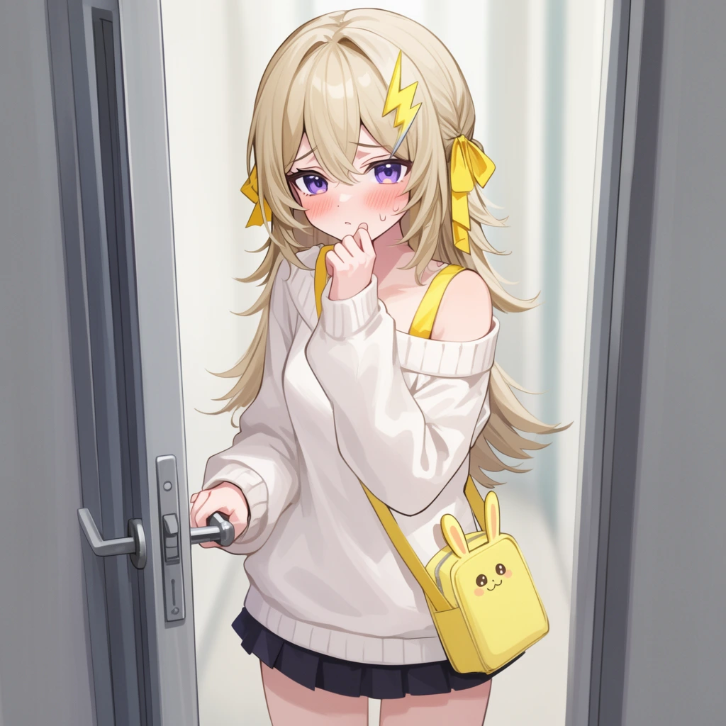 An anime-style digital illustration of a flustered young woman peering through a partially opened grey doorway. She features layered blonde hair with yellow ribbons and a lightning bolt hair clip, large purple eyes, and blushing cheeks. She wears an oversized white off-the-shoulder sweater over a yellow strap, a dark pleated mini skirt, and carries a yellow shoulder bag adorned with a bunny face. One hand rests timidly near her face while the other grips the metal door handle. The composition uses soft diffused lighting, blending muted tones with vibrant yellow accents against a softly blurred bright hallway.