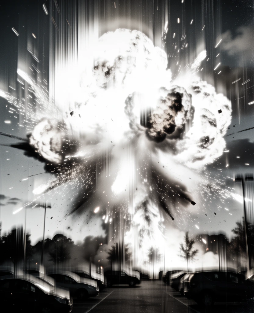 large explosion with a brilliant white central fireball and flying sparks over a silhouetted parking lot and trees, high-contrast monochrome with blown-out highlights and stark blacks, aggressive vertical slit-scan distortion creating liquid-like dragging artifacts, heavy analog grain and electronic noise, surveillance footage glitch aesthetic, vertical pixel smear, ethereal motion trails, low-fidelity scanline texture, ghostly and abstract atmosphere, stark horizon line.