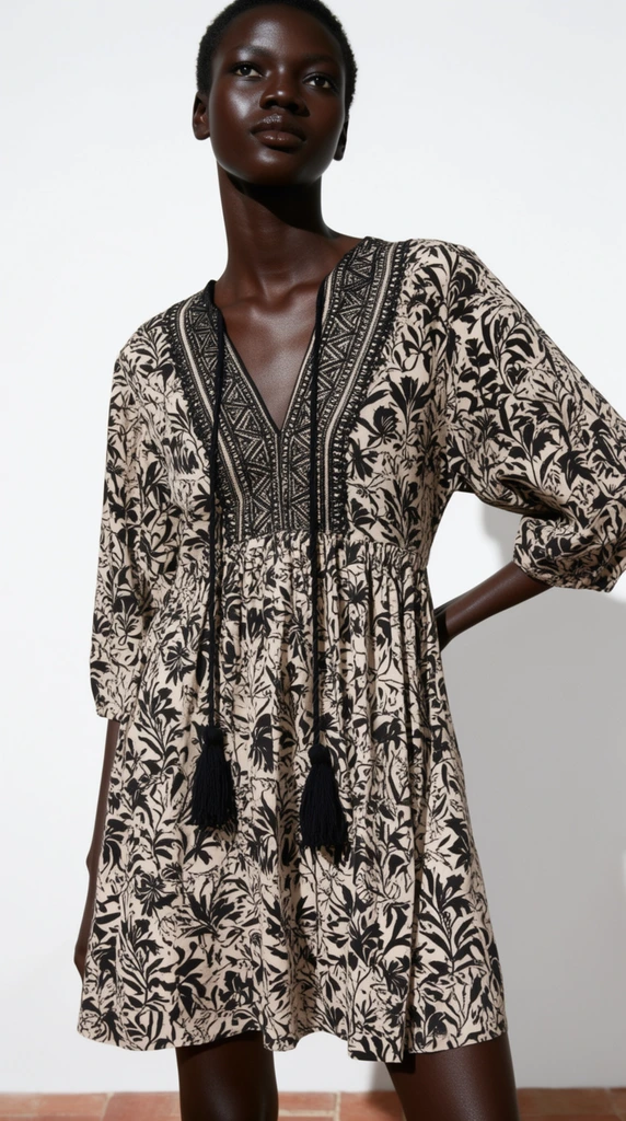 A fashion editorial portrait of a dark-skinned model with short cropped hair against a stark white studio backdrop. She wears a beige mini dress covered in a dense, high-contrast black botanical print. The garment features a deep V-neckline bordered by intricate black geometric embroidery, with long black string ties ending in heavy tassels. The dress has three-quarter sleeves and a gathered waist. The model poses with her left hand resting near her hip, gazing slightly upwards. Crisp, direct studio lighting highlights her glossy skin and casts a sharp shadow on the white wall to her right. A narrow glimpse of terracotta floor tiles appears at the bottom edge of the frame.