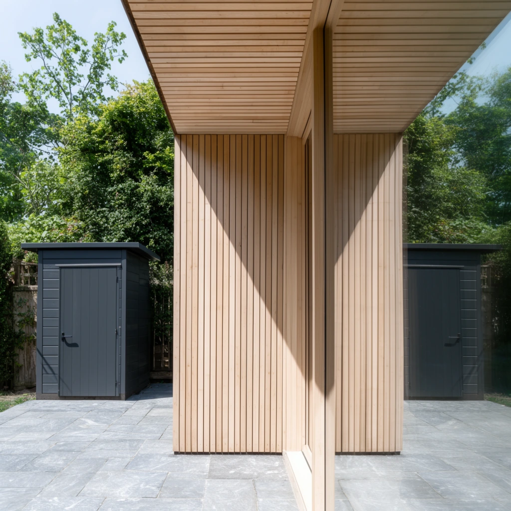 Modern architecture, light wood slatted wall and ceiling, large glass pane reflecting trees, framing a dark grey shed, grey stone patio, bright daylight, sharp shadows