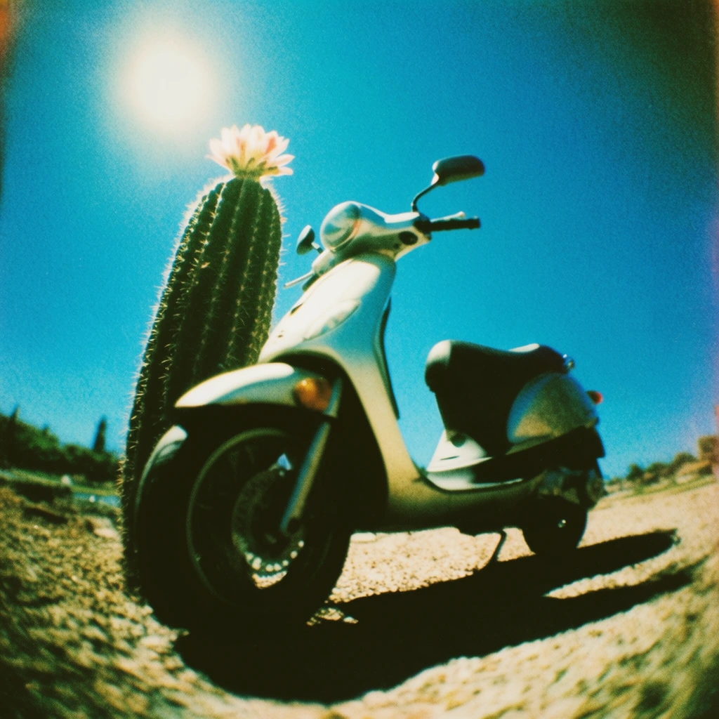 A motor scooter is positioned in the immediate foreground beside a towering cactus crowned with a single flower, set beneath an intensely saturated cyan sky featuring a large sun. The scene is framed from an extreme low angle looking upward, utilizing a wide-angle fisheye lens that introduces a sweeping, distorted curvature to the subjects and the expansive background. Harsh, high-contrast sunlight blasts the scooter and cactus, projecting deep, starkly defined black shadows across the coarse, heavily textured ground. The image embodies a distinctive lo-fi analog film aesthetic characterized by extreme color saturation, heavy physical film grain, cross-processed tonal shifts, slightly soft overall focus, and degraded, blurry edges with subtle vignetting and chromatic aberration.