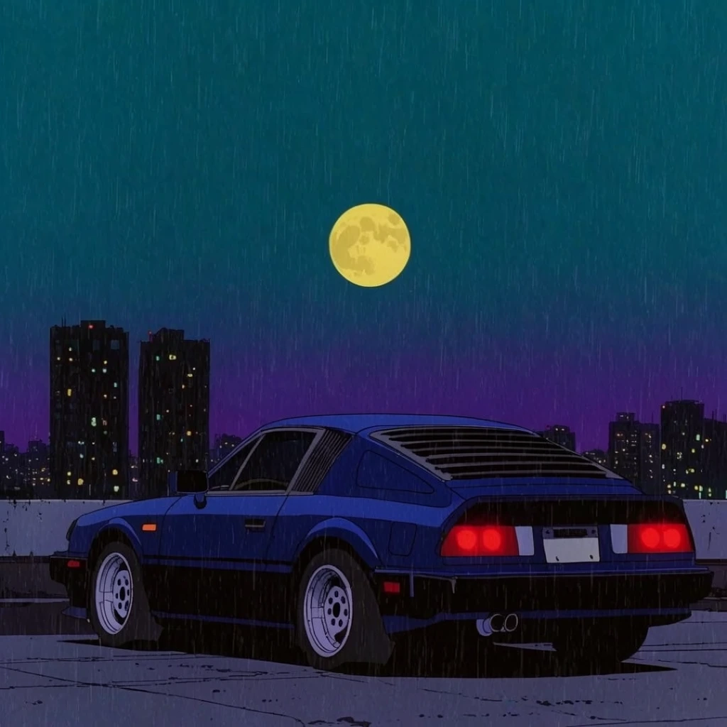Classic dark blue 80s sports car from rear, parked on elevated concrete, glowing red taillights, vertical rain streaks, distant night city skyline, dark high-rise buildings with scattered yellow lights, large glowing yellow full moon, deep teal sky fading to purple horizon, retro anime aesthetic, lofi art style, flat shading, moody atmosphere