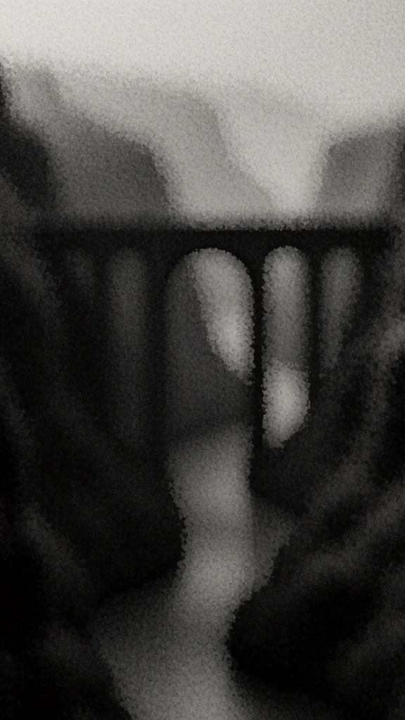 high contrast black and white photography, extremely heavy coarse film grain, pointillist noise texture, a bridge spanning a deep canyon, monolithic silhouette against a misty abyss, dark moody atmosphere, soft blurred edges, monochromatic stippled effect, cinematic noir aesthetic, charcoal drawing appearance, low-key lighting with a diffused highlight glow, minimalist composition with gritty texture, abstract structural forms emerging from a grainy void