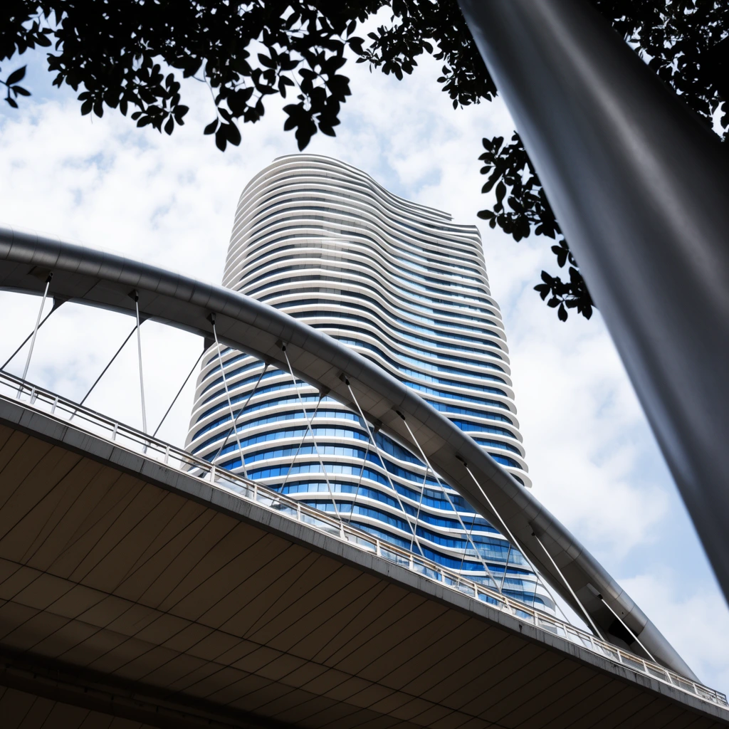 A low-angle architectural shot of a modern skyscraper with undulating white horizontal bands and reflective blue glass. The tower is dynamically framed by a sweeping metallic bridge arch cutting diagonally across the foreground and an out-of-focus gray pillar on the right. Dark foliage silhouettes hang against a partly cloudy sky. The lower frame is anchored by the paneled underbelly of an elevated overpass.