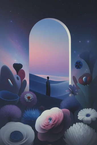 Minimalist Surrealist Horizons style reference image — twilight gradient