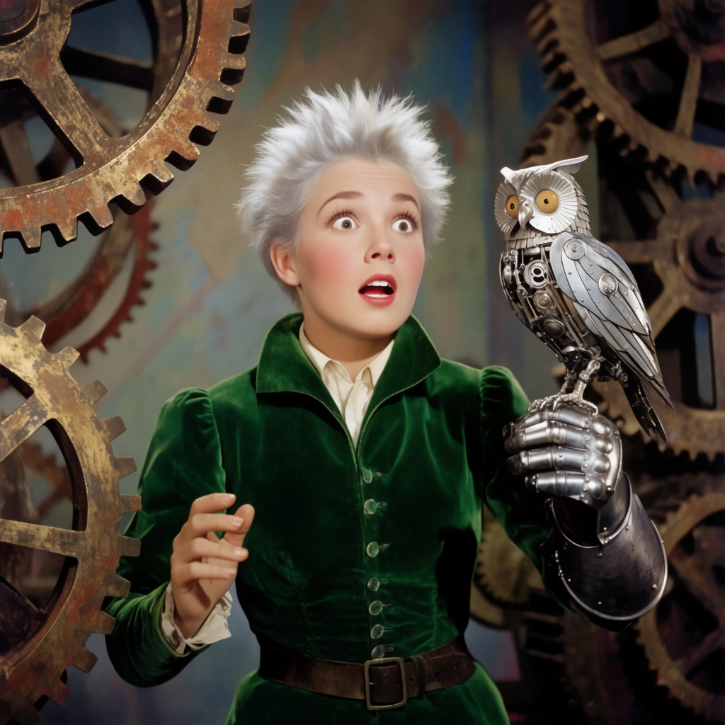 A young adventurer stands in awe before towering rusted brass gears, holding a silver mechanical owl on an armored gauntlet. She has short spiked platinum hair and wears an emerald green velvet doublet. Her expression radiates profound surprise with wide eyes and parted lips, her free hand raised in a tentative gesture. The cinematic composition uses a classic 1930s Technicolor aesthetic, featuring vibrant saturated colors, dramatic vintage studio lighting casting a soft glow on her face, and a medium-shot framing against a soft-focus matte-painted industrial background.