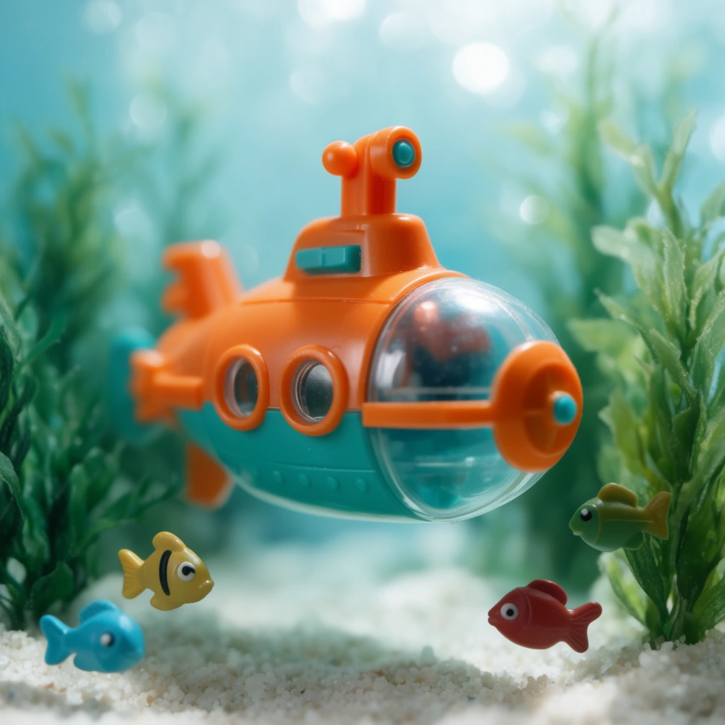 Orange and teal plastic toy submarine, suspended in miniature underwater diorama, small plastic fish, green synthetic seaweed, white sand seabed, macro photography, shallow depth of field, soft bright bokeh