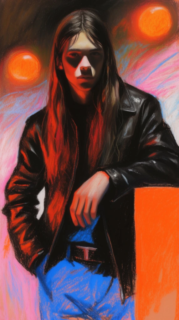A mixed-media pastel portrait of a long-haired youth leaning on a vibrant orange panel. The figure wears a black leather jacket illuminated by dramatic reddish-orange light, casting a stark shadow across the nose. Expressive bright blue and pink chalk strokes highlight the clothing and swirl through the abstracted background beneath glowing orange orbs.