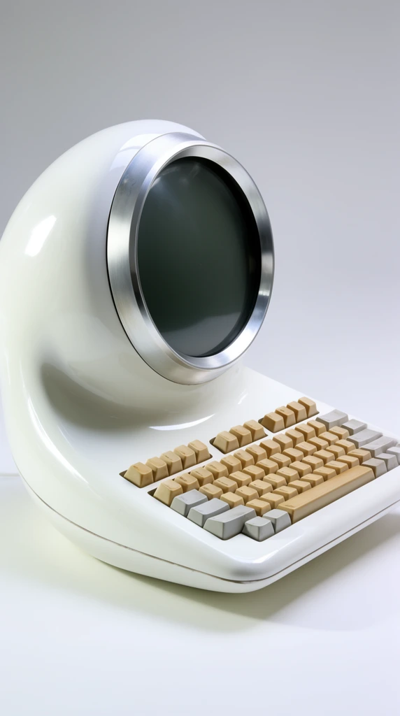 A glossy white retro-futuristic terminal featuring a bulbous, sweeping rear housing that merges into an angled mechanical keyboard. A dark, circular display screen framed by a thick brushed silver bezel is embedded in the vertical front face. The keyboard consists of warm beige and light gray keycaps. The aerodynamic, Space Age casing sits on a pristine white surface against a seamless pale gray background under soft studio lighting, captured from a high-angle three-quarter perspective.