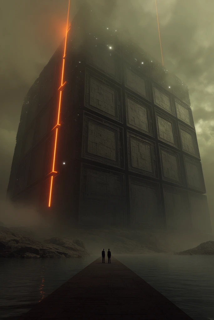 A colossal dark geometric megastructure looms over a desolate body of water, shrouded in thick murky fog. The imposing monolithic edifice features a grid of massive inset square panels with intricate structural textures. A brilliant glowing neon orange vertical fissure runs down the side of the towering block, echoing two distant thin orange light beams piercing the overcast olive-green sky. Small scattered white lights dot the upper reaches of the monolith where it disappears into the clouds. At the base, rough rocky outcroppings transition into calm dark water. In the immediate foreground, two tiny silhouetted humanoid figures stand side-by-side on a long straight causeway pointing directly toward the structure, dramatically emphasizing its immense scale. The cinematic wide-angle composition utilizes volumetric lighting and atmospheric perspective.