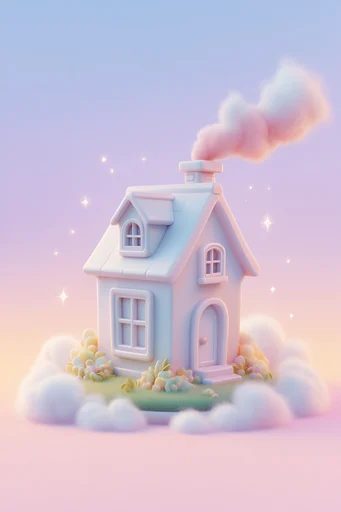 Surreal Pastel Dreamcore style reference image — fluffy cloud motifs