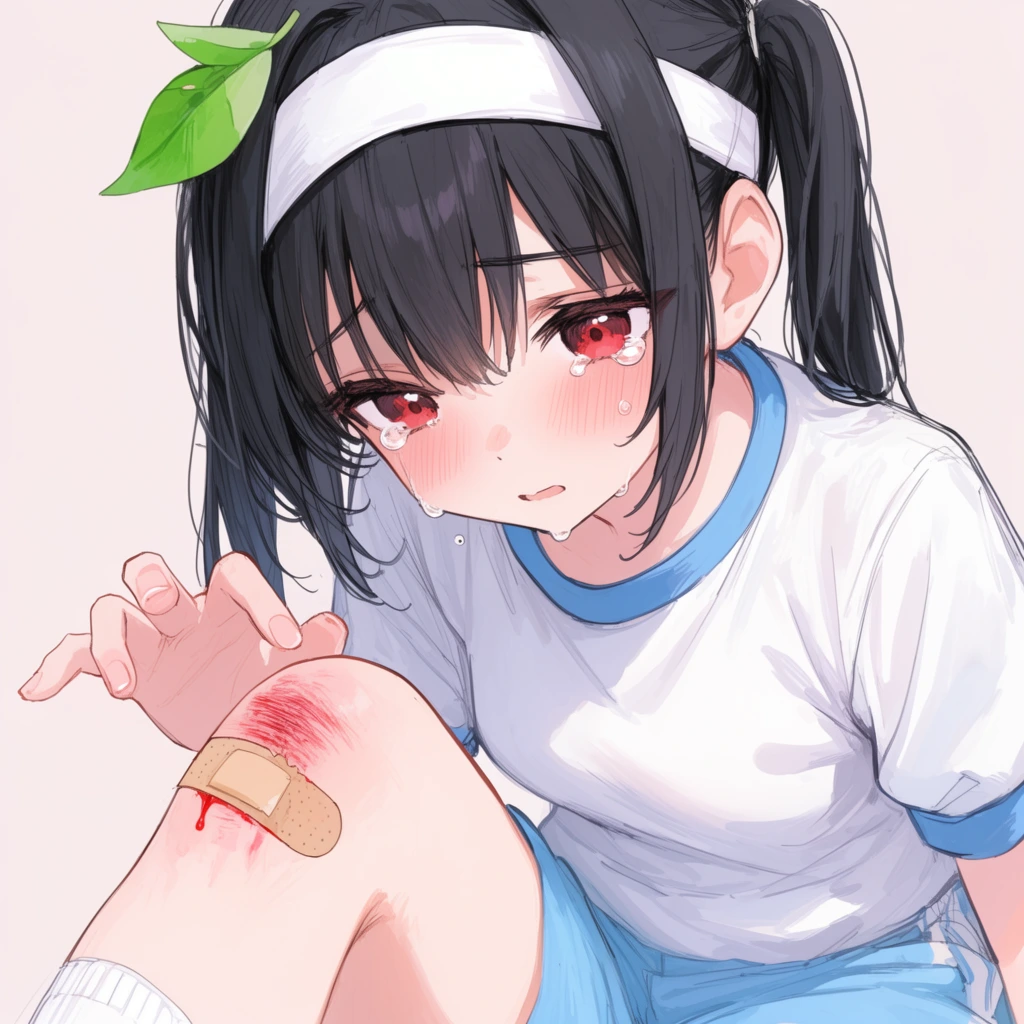 An anime illustration of a tearful girl inspecting a scraped knee. She features black twin-tails, a white headband, a green leaf on her head, and flushed cheeks with red, tear-filled eyes. She wears a white gym shirt with blue trim and light blue shorts. Her raised right knee shows a fresh, bleeding red scrape and a peeling tan bandage, her delicate fingers hovering gently nearby. The image is rendered with fine line art, soft pastel shading, and a high-angle close-up perspective against a plain pale background.