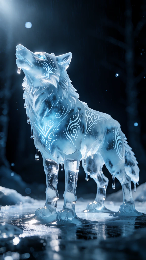 a wolf with intricate tribal patterns etched as frosted crystalline textures, sculpted entirely from translucent melting ice and fluid water, standing in a dark forest clearing, cinematic high-contrast rim lighting, deep obsidian shadows, cold cyan and white color palette, macro-level surface detail with trapped air bubbles and liquid droplets, bokeh of floating ice shards, hyper-realistic volumetric rendering, sharp caustic reflections, minimalist atmospheric background.